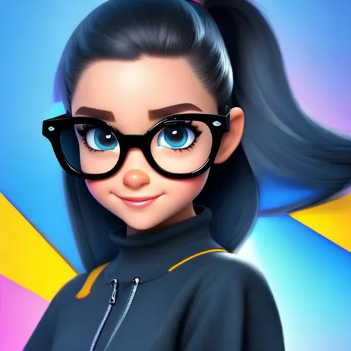 Prompt: Disney, Pixar art style, CGI, tween girl with black glasses, blond hair all in a tight ponytail, blue eyes, serious expression, emo, cartoon, almond shaped eyes, wearing black, no background
