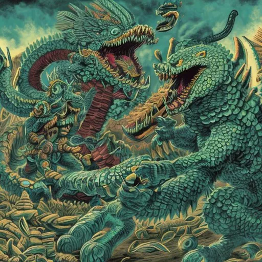 Prompt: Kukulkán and Quetzalcoatl fight 
