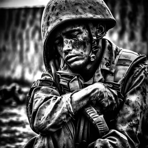 pity, soldier, war, black and white, mid shot, sad | OpenArt