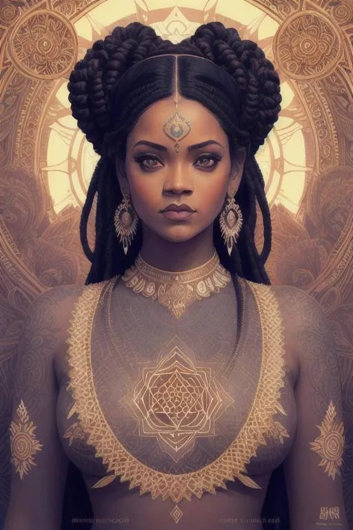 Prompt: symmetrical, kali goddess, rihanna face, sacred geometry, long dreads, hindu, intricate roots, art by mandy jurgens and artgerm and william - adolphe bouguereau and beeple