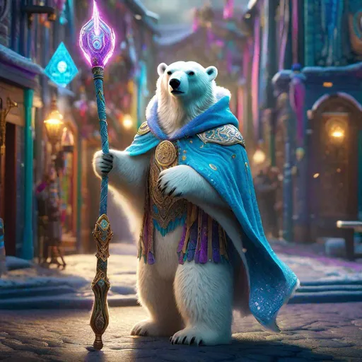 Prompt: "Insanely detailed cinematic photography of a fierce Wizard polar bear figure wearing a cloak and holding a magical staff stood on a fantasy street, Hyperrealistic, splash art, concept art, mid shot, intricately detailed, color depth, dramatic, 2/3 face angle, side light, colorful background"