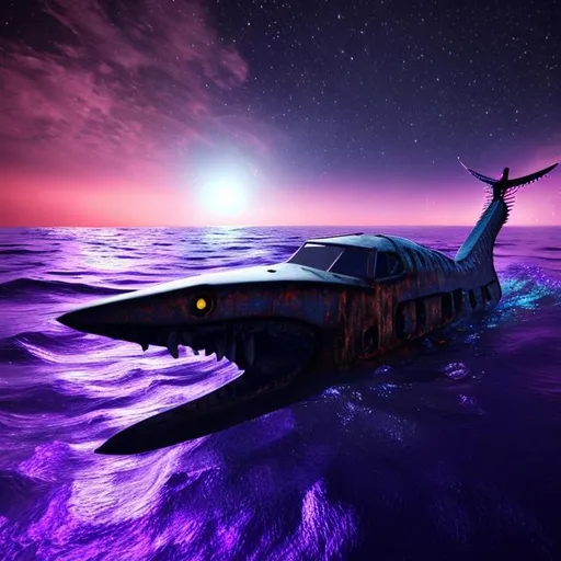 Prompt: metal barracuda in the middle of the ocean at night reflecting purple lights