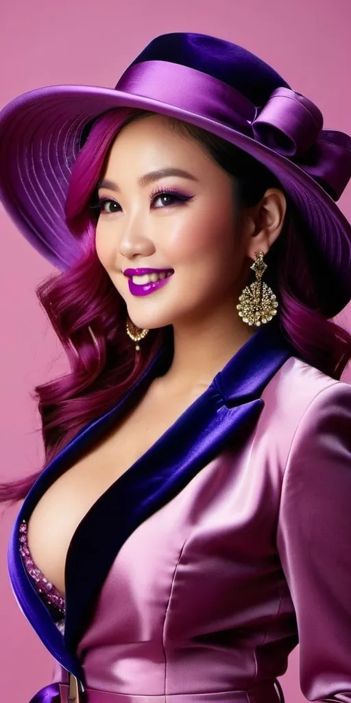 Prompt: Profile view of smiling beautiful, ((violet-eyed)), Japanese woman, age 21, creatively styled magenta hair, ((Mauve silk and velvet suit & skirt combo, mauve milliners hat & boots)), elaborate silver & purple jewelry, intricate round face, overweight:2.0 ((bosomy full-figure:2.0)), highly detailed, 8K photo, pink backdrop, purple theme, detailed eyes, fashionable, purple eye shadow & lipstick, professional lighting