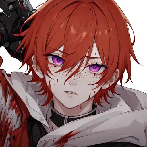 Prompt: Erikku male adult (short ginger hair, freckles, right eye blue left eye purple)  UHD, 8K, insane detail anime style, covered in blood, psychotic, covering his face with his hands, face covered in blood and cuts, blood highly detailed, looking to the side