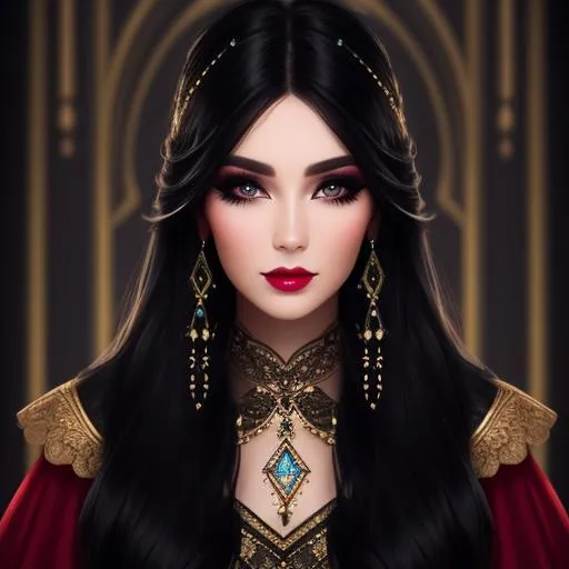 Prompt: Lady with  full, long black hair, pretty and stylish makeup, cinematic light,  fantasy