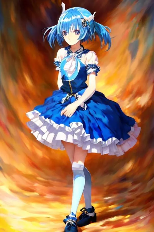 Prompt: anime art, (masterpiece), best quality, expressive eyes, perfect face, 1girl, fourteen years old, dressed in a frilly blue and white dress, wielding a short sword in each hand, blue and white chocker with a blue gem, short blue hair, blue eyes, short twintails, blue hair ribbons, white stockings, blue Mary Jean shoes, embarrassed expression