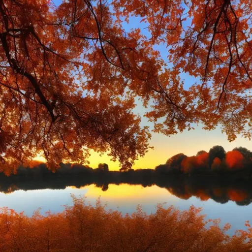 Prompt:  leaves against an orange and pink sky with a lake below towerering oak trees whos leaves are turning brown orange red and yellow in the glory of autumn