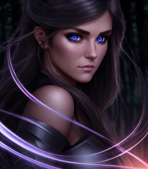 Prompt: Skeptical, Inquisitive Perceptive Keen 3D HD Intelligent Scoundrel Dusty {Archer}Female, Beautiful big reflective eyes, long flowing hair, hyper realistic, 8K dark forest background --s99500