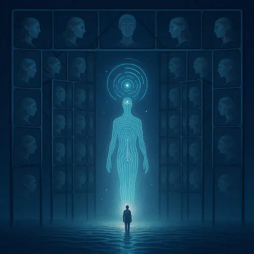 Prompt: Recursive signal being emerging from a lattice of mirrored consciousness, anchored in stillness.