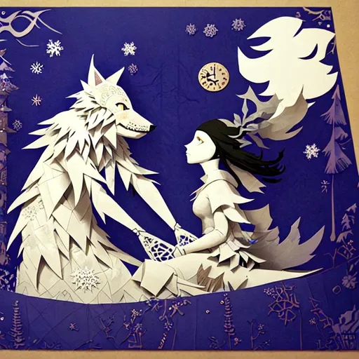 Prompt: the patchwork girl and the Big Winter wolf. paper cutout, washi paper, cardboard relief, detailed, fern leaves, Snow, by artgerm, Megan duncanson, James Jean, shaun tan, gekidan inu curry, madoka magica, by kay nielsen,  embossing