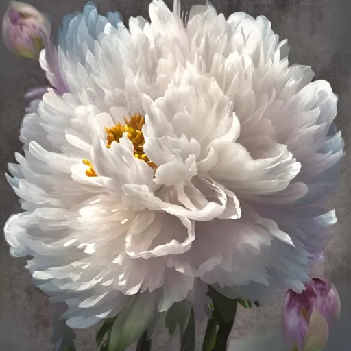 Prompt: PAEONIA  realystic impressionist style three flowers  white vintage style dark background 
