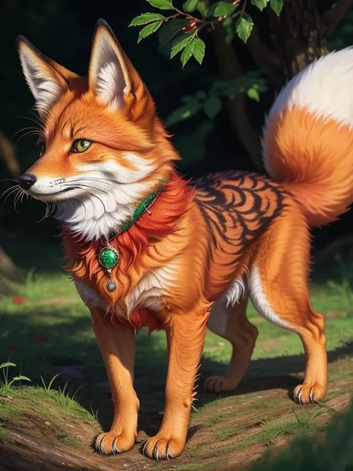 Prompt: masterpiece, professional oil painting, hyper real, photo realism, 64k, best quality, tiny scarlet ((fox kit)), (canine quadruped), fire elemental, silky golden-red fur, highly detailed fur, realistic, timid, ((insanely detailed alert emerald green eyes, sharp focus eyes)), sharp details, gorgeous 8k eyes, insanely beautiful, extremely beautiful, fluffy glistening gold neck ruff, energetic, two tails, (plump), fluffy chest, enchanted, magical, finely detailed fur, hyper detailed fur, (soft silky insanely detailed fur), presenting magical jewel, beaming sunlight, lying in flowery meadow, professional, symmetric, golden ratio, unreal engine, depth, volumetric lighting, rich oil medium, (brilliant dawn), full body focus, beautifully detailed background, cinematic, 64K, UHD, intricate detail, high quality, high detail, masterpiece, intricate facial detail, high quality, detailed face, intricate quality, intricate eye detail, highly detailed, high resolution scan, intricate detailed, highly detailed face, very detailed, high resolution