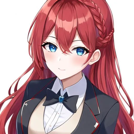 Prompt: Haley 1female (braided red hair pulled back, lively blue eyes. Wearing a tuxedo UHD, close up, 