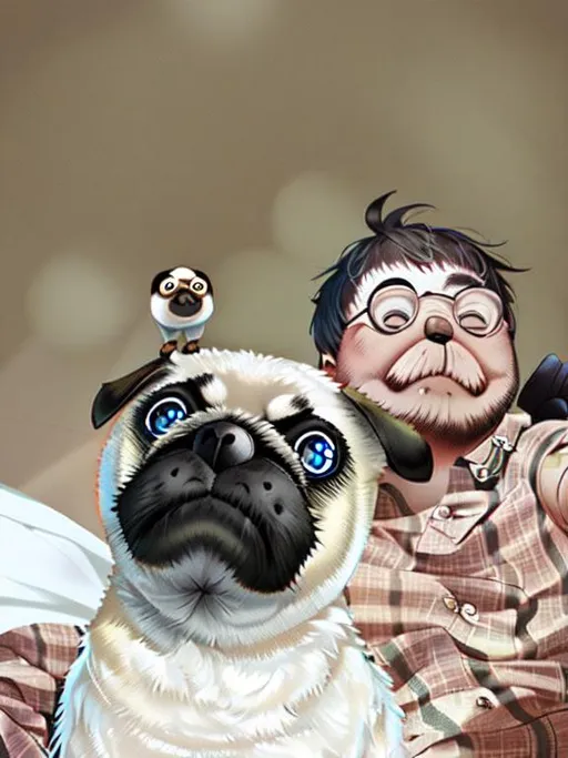 Prompt: man and his happy funny pug