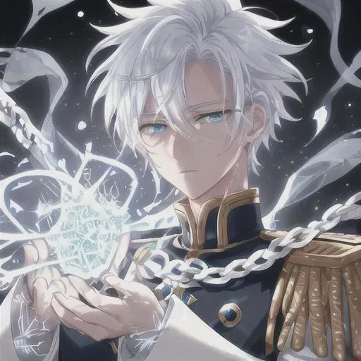 1boy, white spiky hair, blindfold, blue bloomy eyes