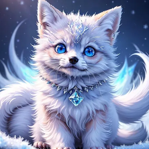 Prompt: (masterpiece, professional oil painting, epic digital art, best quality:1.5), insanely beautiful tiny ((fox kit)), (canine quadruped), ice elemental, silky silver-blue fur covered in frost, timid, ((insanely detailed alert crystal blue eyes, sharp focus eyes)), gorgeous 8k eyes, fluffy silver neck ruff covered in frost, two tails, (plump), enchanted, magical, finely detailed fur, hyper detailed fur, (soft silky insanely detailed fur), moonlight beaming through clouds, lying in frosted meadow, grassy field covered in frost, cool colors, professional, symmetric, golden ratio, unreal engine, depth, volumetric lighting, rich oil medium, (brilliant auroras), (ice storm), full body focus, beautifully detailed background, cinematic, 64K, UHD, intricate detail, high quality, high detail, masterpiece, intricate facial detail, high quality, detailed face, intricate quality, intricate eye detail, highly detailed, high resolution scan, intricate detailed, highly detailed face, very detailed, high resolution