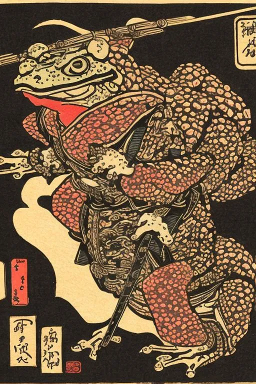 Prompt: Samurai riding toad, highly detailed, in the style of japanese woodblock art