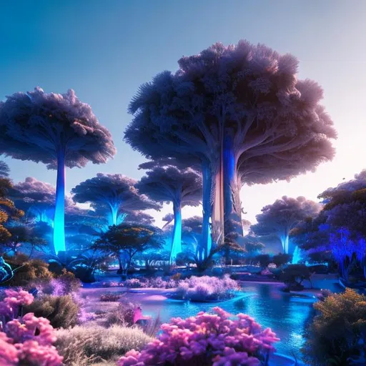 Prompt: view of monumental alien city in the middle of jungles of strange light (blue trees) and blue ,pink,white and blue flowers ,blue cian grass, surreal and unique prehistoric white araucaria,volumetric light, organic forms ,clear image,lights,photorealistic,hyper realistic,ultra detailed, concept art, octane render,cloudy sky, sun rays,sunlight,Ç((planet in sky)),(perfect sphere planet), wide angle lens, mint color,8k,cinematic