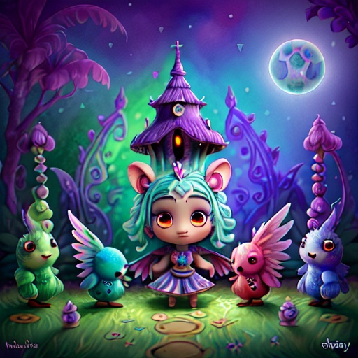 Deep voodoo bohemian garden in moonlight small winged creatures colorful groovy patterns with mult