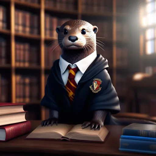 Prompt: cute, male otter with blue eyes dressed in midnight black and red, gryffindor emblem, student uniform from harry potter inside a library with glasses, harry potter style, gryffindor, realistic, hyper-realistic, realism, 32k, photography, hdr, 1080p, cinematic, splash art, concept art, fictional characters, mid shot, intricately detailed, colour depth, dramatic, dull