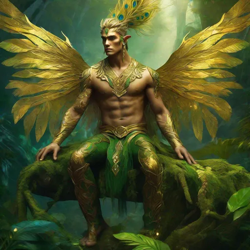 Prompt: Digital are of a male elf, serpentine tail, feathers on skin and head, large wings, sharp claws, glowing tattoos, golden eyes, peacock feathers. Cliff, forest, jungle, wild.