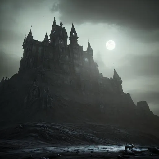 Prompt: goth,deep,dark,creature,lurking,moon,mountain,castle,ultra realistic