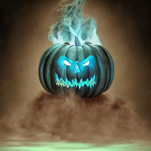 Prompt: high detail digital painting of a carved pumpkin glowing cyan in a misty swamp from far away. glowing smoke is rising from the pumpkin's face. hyperrealistic