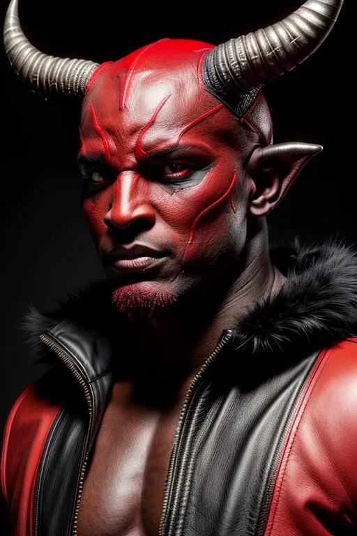 Prompt: Photorealistic D'Norr Devil man, Red Skin and eyes, Black markings on his face, Black horns with red tips, Red and Black reinforced Leather Jacket, Intricately Detailed, Hyper Detailed, Hyper Realistic, Volumetric Lighting, Beautiful coloring and face detail