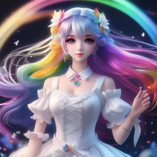Prompt: 3d anime woman rainbow hair hime and white dress evil and beautiful pretty art 4k full HD