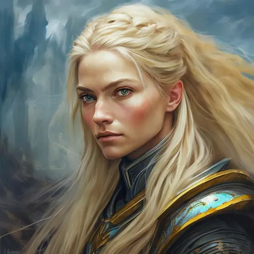 Prompt: A head portrait of a woman age 38, beautiful. She wears a fantasy ranger outfit. Long blond hair. epic painting