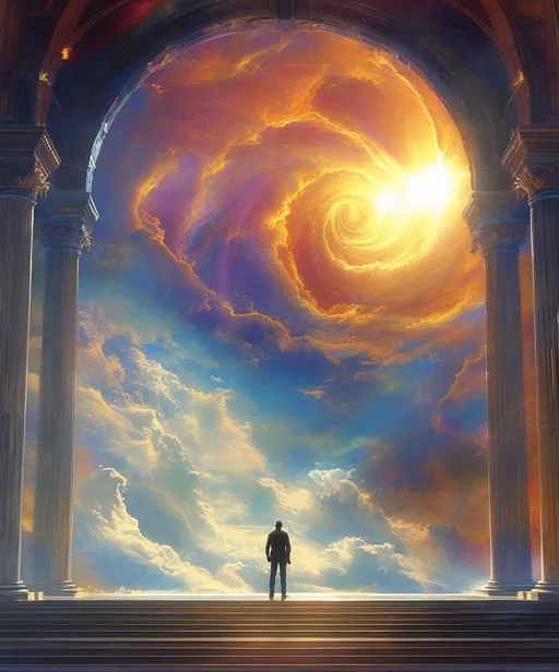 Prompt: A stunning painting of a man standing confidently in front of an imposing space temple, set against a mesmerizing spiral vortex swirling in the vibrant sky. Captured in the style of Christophe Vacher, this high-quality matte artwork exhibits extraordinary fantasy elements, rich colors, and intricate details that draw the viewer into an otherworldly atmosphere. An epic and imaginative visual experience awaits. 