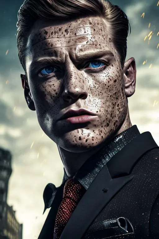 Prompt: SamDoesArt, Deathwing, man, manly, muscular, Black hair, freckles, blue eyes, slicked back hair, ((strong jawline)), (diamond shaped face), detailed face, black suit, red tie, expensive suit,  expensive car, expensive house, city, cinematic lighting, HDRI, masterpiece, smooth, sharp focus, illustration, golden ratio,