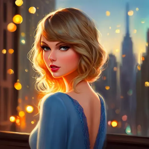 Prompt: a pixar style painting of a woman who looks like Taylor Swift, city background, nighttime, soft light, art, painting, sweet, fireflies