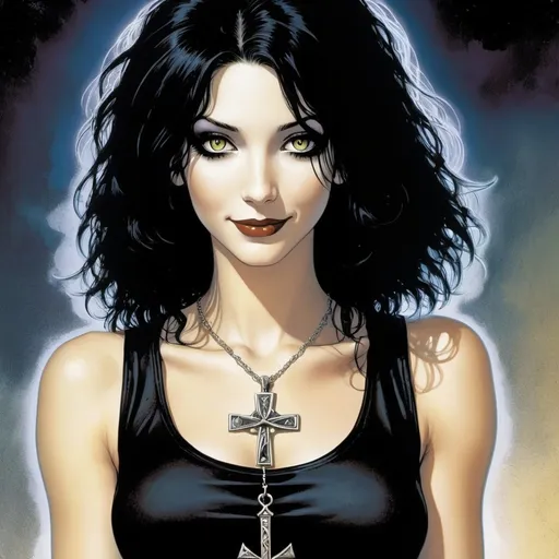 Prompt: Death from Neil Gaiman’s Sandman Comic, Depict a (young, youthful, cute and pleasantly content smiling 16-year-old girl), wearing silver ankh pendant, pale-skinned, slender young woman with dark, messy, shoulder-length hair. Her eyes should have a kind yet knowing expression. She wears a black tank top with simple, dark jeans, accessorized with a silver ankh pendant around her neck. Her lips are dark, contrasting with her pale complexion, and her overall style reflects a gothic aesthetic. Her demeanor should appear calm, welcoming, and slightly whimsical, exuding both warmth and mystery.