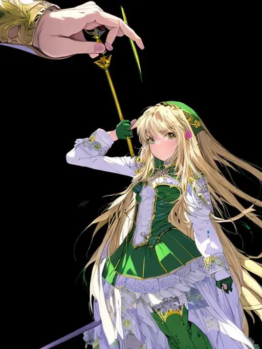 Prompt: (masterpiece), anime art, best quality, expressive eyes, perfect face, 1girl, fourteen years old girl, full body, long green hair, long hair, unbound hair, green right eye, blue left eye, heterochromatic eyes, standing, holding a pike, weapon, gauntlets, greaves, thigh highs armour, green dress with yellow ribbons, open front gown, green gown, choker, strings connected to the body, strings going upward, giant hands above, black gloved hands above, strings emanating from the giant hands