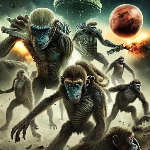 Prompt: Aliens fighting monkeys in a global war
