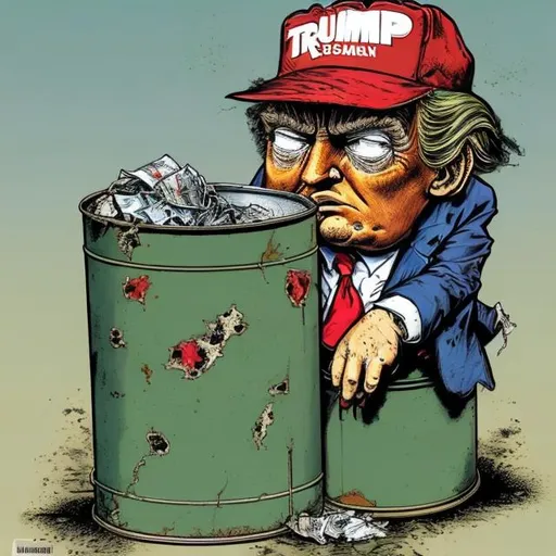 Prompt: dark-blue-suit-Trump-Caricature: Tattered one green dollar note sticking out of a rusty tin can of tattered beggar Trump's rusty tin can, too long red tie + tattered darkblue suit, Trump sitting on court steps, bright colored Sergio Aragonés MAD-magazine style