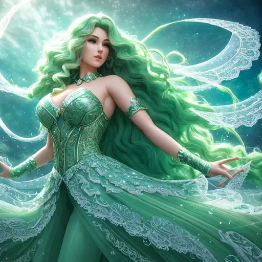 Prompt: Claymation, UHD, hd , 8k, , Very detailed, panned out view with whole character in from, a olive skinned, long hair with tight curls, earth giant female  celestial being character, Dancing beauty, echoing movements , magic light following her movements, HD, 3D rendered, Green Hair like water fractal flowing, armored thin lace wedding lacy styled dress, Fantasy character, sharp expressive facial features, magic music notes flying around, crying stone, multicolor newton julia sets fractal background.