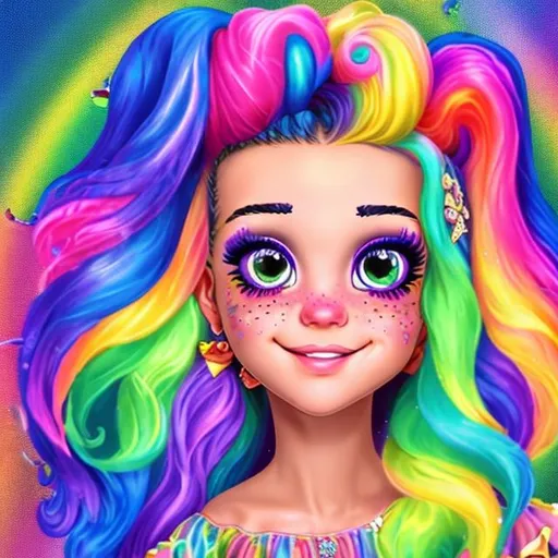 Prompt: Lisa frank style princess with rainbow hair and a sweet face