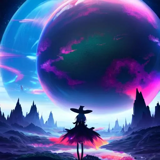 Prompt: anime witch in front of a colorful alien world, misty, heavily detailed, 4k
