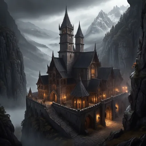 Prompt: Warhammer fantasy RPG style towering monastery in the mountains, medieval architecture, weathered stone walls, intricate gothic details, high resolution, detailed, dark fantasy, atmospheric lighting, foggy ambiance, gothic, medieval, detailed stonework, bustling, mysterious, ominous lighting, walking monks, warm tones, birds-eye view