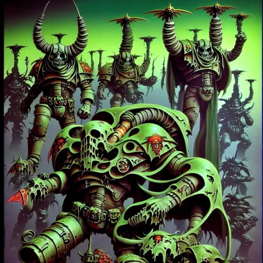 Prompt: Death Guard (Warhammer 40k) in Roger Dean art Style.