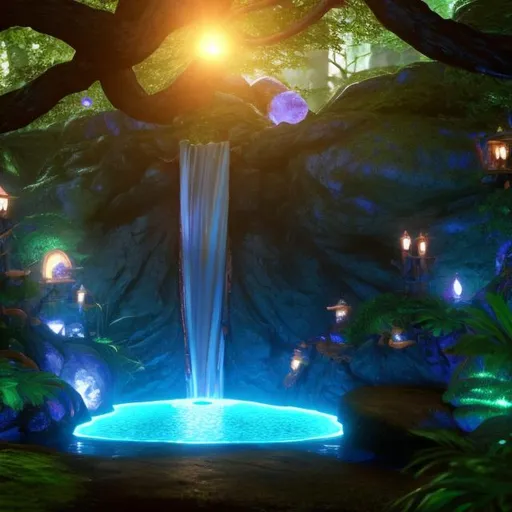 Prompt: Envision a glowing waterfall in a lush forest. Fantasy, another dimension. Hyperrealistic, UHD, HD, 8K, a portal rests besides the river