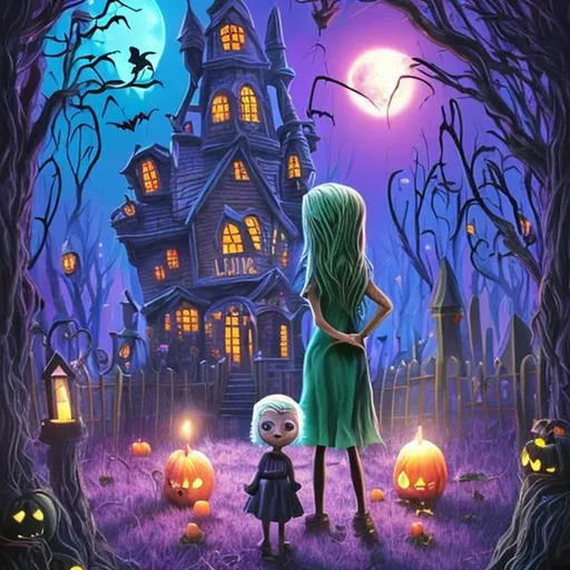 Prompt: In the heart of Spooksville lived Lily, a spirited young artist. Lily had a vivid imagination and a heart full of curiosity, there was a grumpy old man, Lily wondered why he never seemed to join the festive spirit of the Ghoul Gala Extravaganza. Considering this scene for Halloween, create illustration for lily thinking
