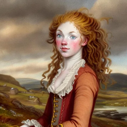 Prompt: Lass from scotland in 18th century,red curly long hair with yellow brown eyes, pale skin, with freckes, landscape scotland
Dressed with 1755 gown chubby face
 