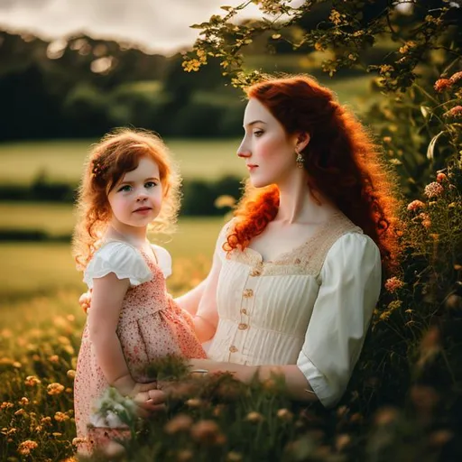 Prompt: mother have brown curly hair,pale skin , with her red haired daughter,18th century aesthetic,farm cottage landscape,high quality, 4k, details ,vintage ,analog filter, perfect composition, hyperrealistic, super detailed, 8k, high quality, trending art, sharp focus, intricate details, highly detailed