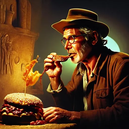 Prompt: Old Harrison Ford Indiana Jones eating a huge sloppy cheeseburger in a darkly lit tomb