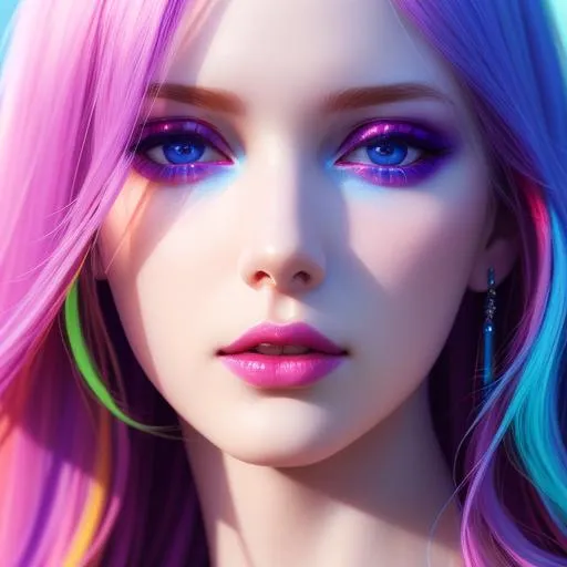 Prompt: HDR, UHD, 64k, best quality, pale skin, unrealistically, multicolored hair,  UHD, hd , 64k, , hyper realism, Very detailed, full body, hyper realism, Very detailed, female anime, slender body, in hyperrealistic detail, neon colors, facial closeup, heavy makeup