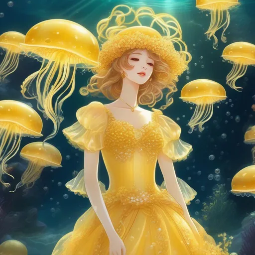 Prompt: A yellow princess jellyfish with a delicate and graceful appearance, wearing a beautiful dress made of jellyfish tentacles, floating in a dreamy underwater world.
