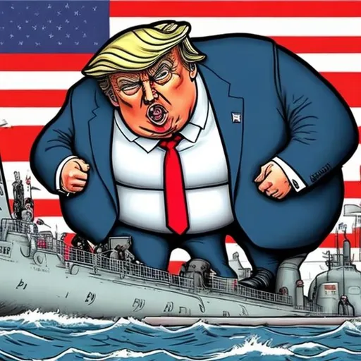 Prompt: Cute, obese raging Trump whispering into the ear of a Russian spy in front of a nuclear submarine in drydock, press conference, dark-blue suit, too long red tie to the floor, u-boat scene, muted gloomy colored, Sergio Aragonés MAD Magazine cartoon style